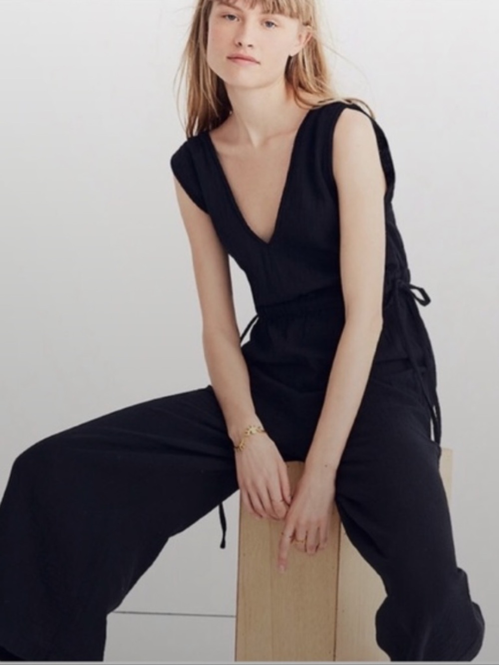 Madewell | Women’s Black Gauze V-Neck Wide-Leg Cropped Waikiki Jumpsuit Size XS